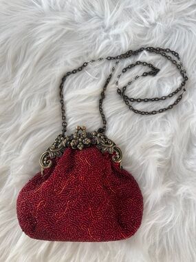 Inge Christopher Red Beaded Vintage-Style Evening Bag with Crossbody Chain